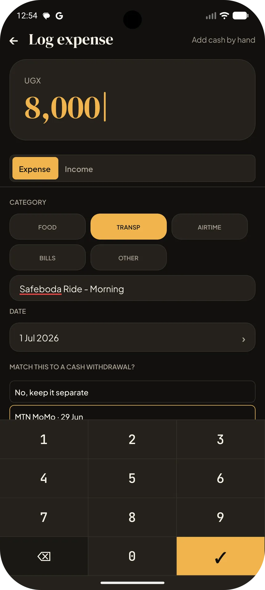 The Aware cash entry screen for adding an expense and matching it to a mobile-money withdrawal.
