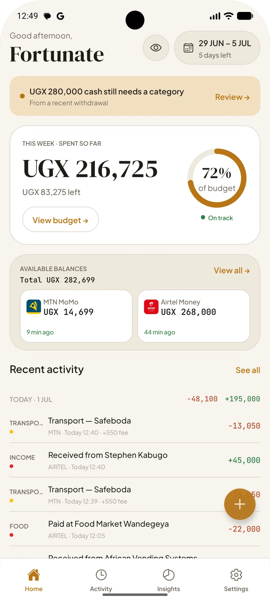 The Aware home screen on an Android device: this week's spend against budget, MTN MoMo and Airtel Money balances, and recent categorised activity.