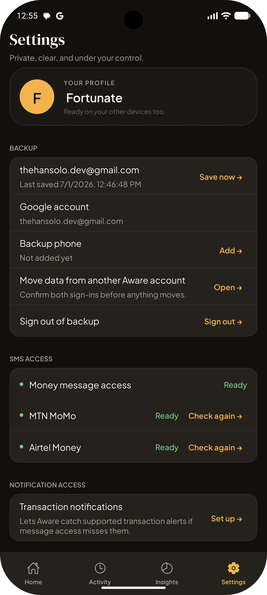 The Aware settings screen showing optional cloud backup and scoped money-message SMS access.