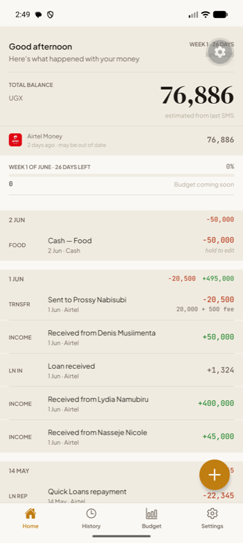 Aware home screen showing MTN MoMo balance of UGX 847,500 and recent transactions