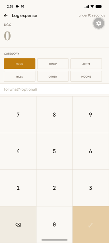 Aware cash log entry screen for manually recording cash expenses